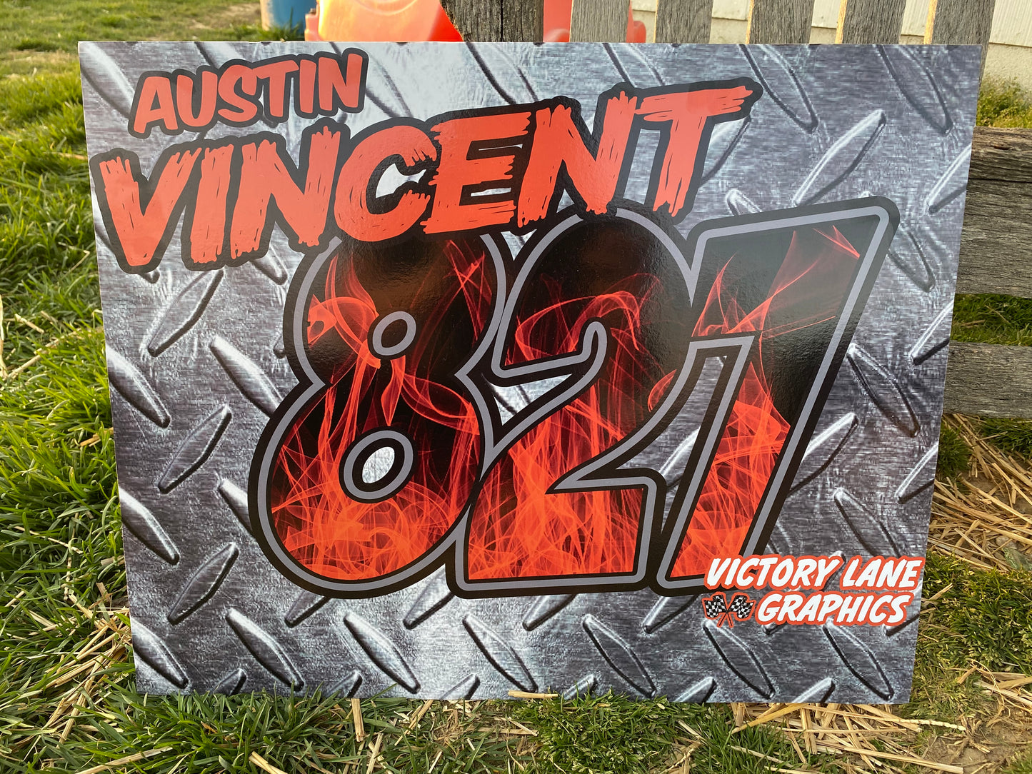 Diamond Plate with Orange Flames Demolition Derby Roof Sign