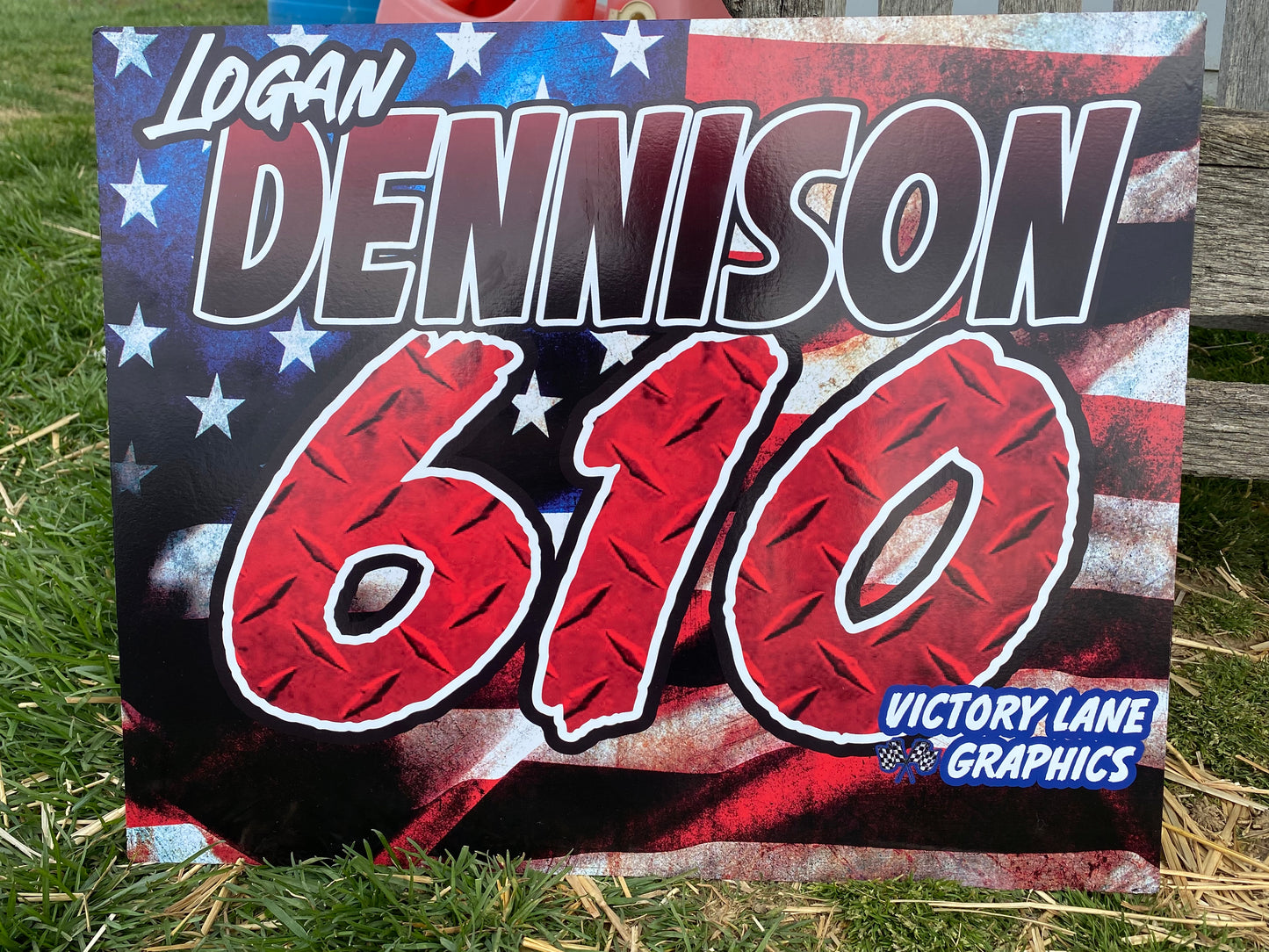 American Flag with Red Diamond Plate Demolition Derby Roof Sign