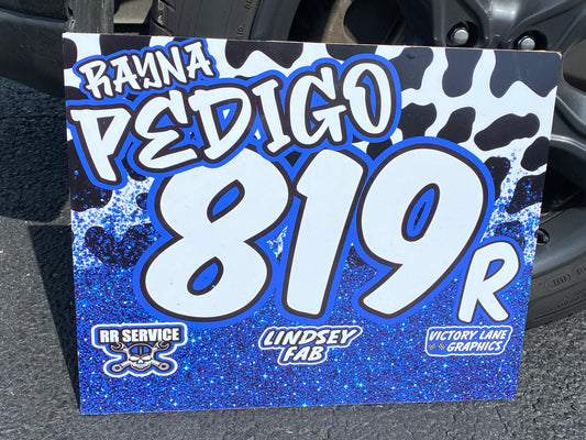 Blue Cow Print Demolition Derby Roof Sign