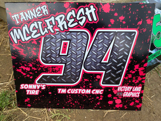 Pink Splatter with Diamond Plate Numbers Demolition Derby Roof Sign